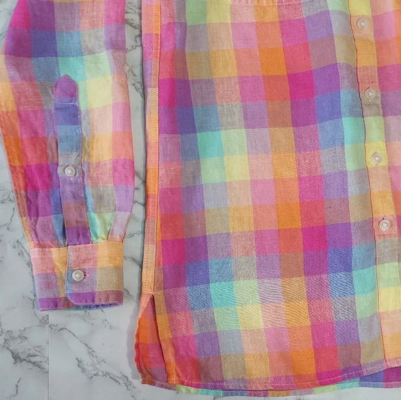 Lands' End Rainbow Madras Plaid Button Down Linen Shirt, Size XS (runs big) - Picture 6 of 9
